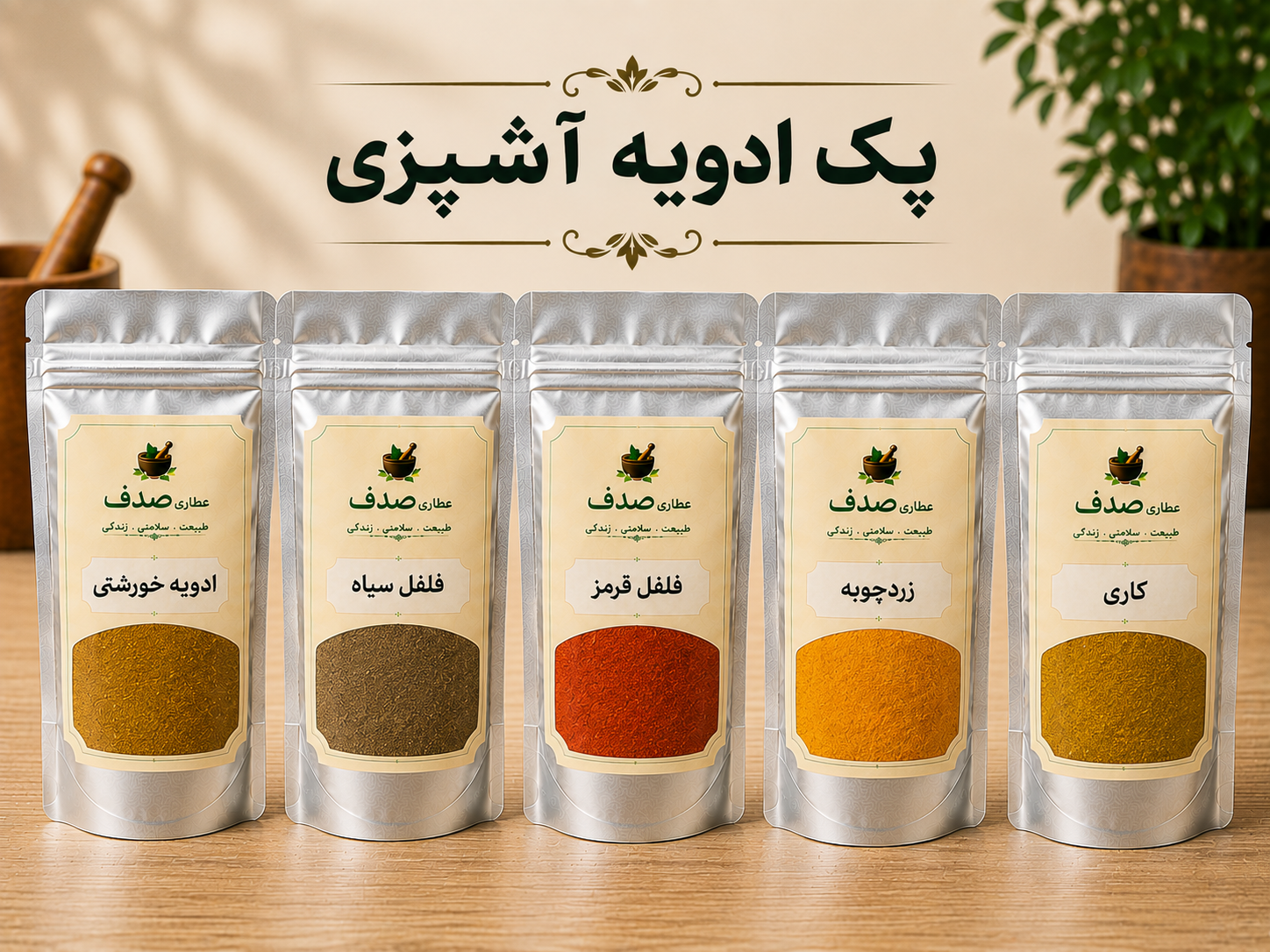 پک اقتصادی.پک ادویه اشپزی 100 گرمی/زردچوبه.کاری. فلفل سیاه. فلفل قرمز. خورشتی